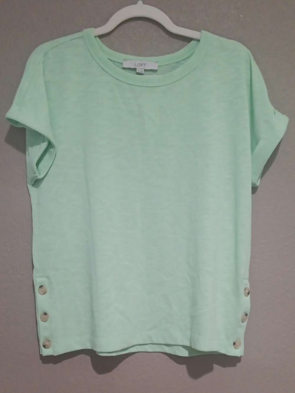 LOFT Mint Green Short Sleeve Tee with Side Button Detail